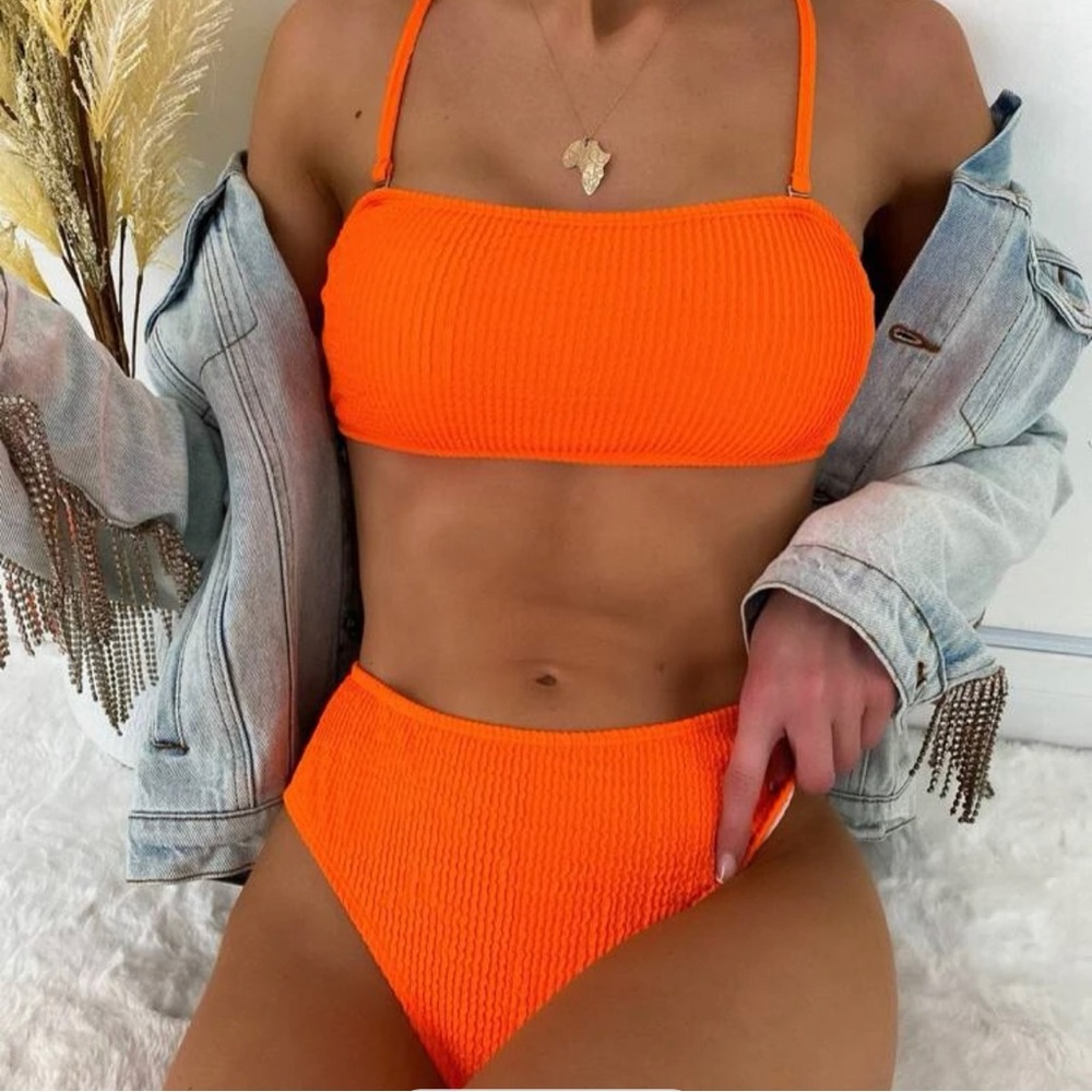 Neon Orange Textured Bikini Set Wireless Bra Top & High Waist Bikini Bottom